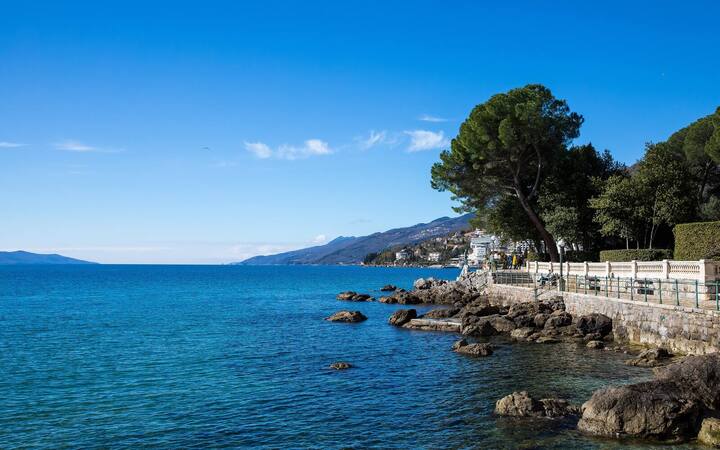 De kust van Opatija met helderblauw water, rotsen en dennenbomen, en de Učka-bergen aan de horizon